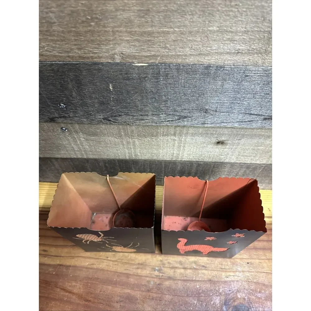 Dept 56 Halloween Metal Luminary Candle Holders Cat/spiders Set Of 2